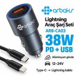 ARBCA03 38W METAL ARAÇ ŞARJ SET + İPHONE KABLO